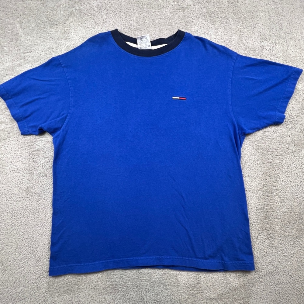 Vintage Tommy Jeans T-Shirt Mens XL Blue Embroidered Flag Logo USA Made Tee‎